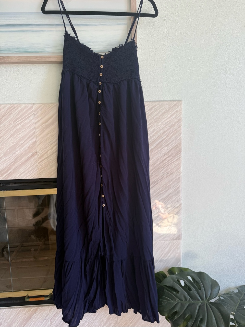 Smocked Navy Maxi Skirt with Button-Front Detail